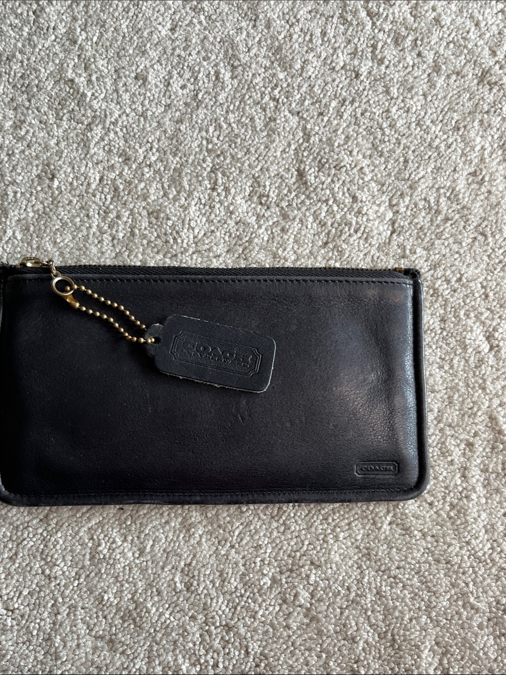Vintage Coach Black Leather Zip Pouch with Tag and Gold Hardware